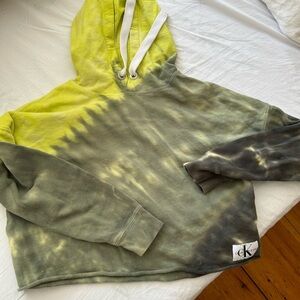 Calvin Klein Tie-Dye Cropped Hoodie small green yellow